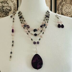 Handmade Gemstone Jewelry Set Amethyst, Rose Quartz, Fluorite, Freshwater Pearls